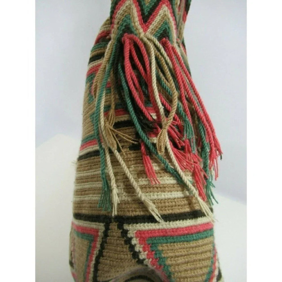 Wayúu Mochila Bag Woven Handbag Bucket with Shoulder Straps Colombian Pink Beige - Picture 8 of 9